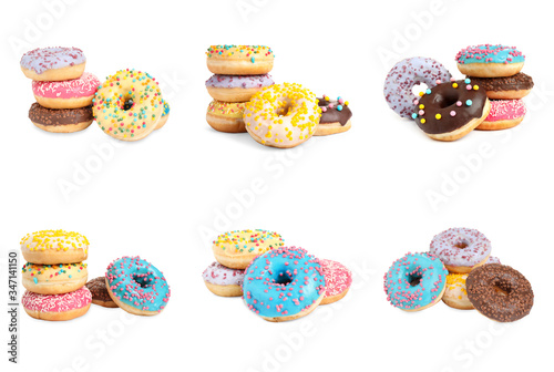 Set of different delicious donuts on white background