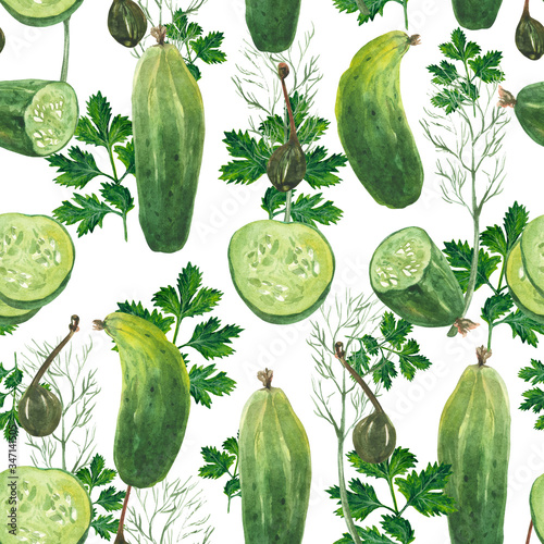 Watercolor seamless vegetable pattern. Juicy vegetables and dill, summer mood will give your product these watercolor elements from the farm garden.