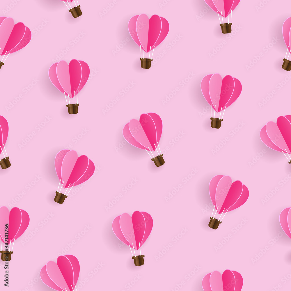 Seamless pattern with paper heart hot air balloon on light pink background