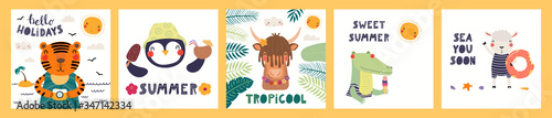 Collection of cards, posters with cute funny animals doing summer activities, text. Hand drawn vector illustration. Scandinavian style flat design. Concept for children holidays print, invite, banner.