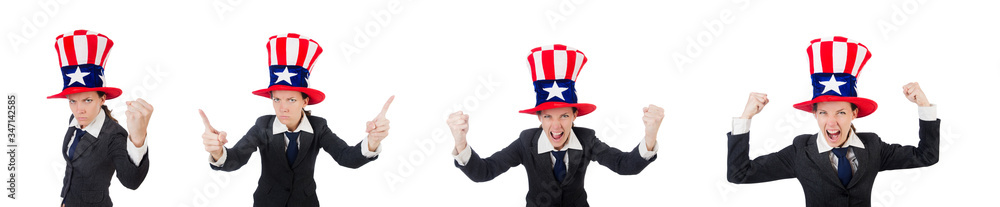 Young woman with american symbols on white