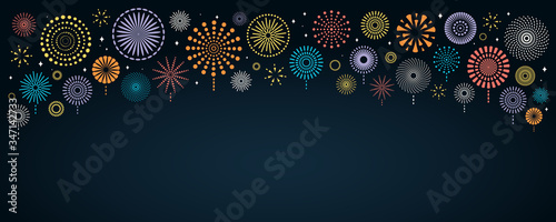 Vector illustration with bright colorful fireworks border on a dark blue background, space for text. Flat style design. Concept for holiday celebration, greeting card, poster, banner, flyer.