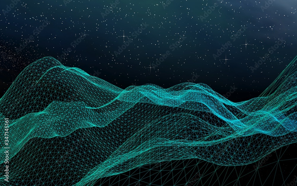 Abstract landscape on a dark background. Cyberspace grid. hi tech network. Outer space. Starry outer space texture. 3D illustration Abstract landscape on a dark background. Cyberspace grid. hi tech network. Outer space. Starry outer space texture. 3D illustration