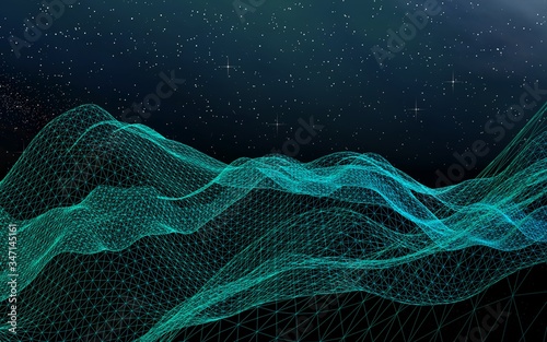Abstract landscape on a dark background. Cyberspace grid. hi tech network. Outer space. Starry outer space texture. 3D illustration © Plastic man