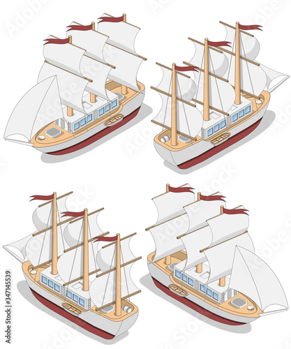 A set of sailing ships. Isometric. Isolated on white background. Vector illustration.