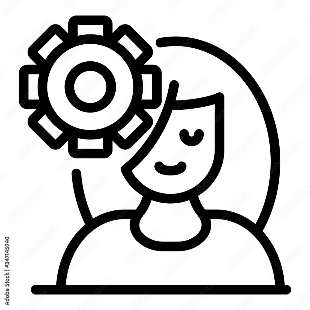 Woman and gear icon. Outline woman and gear vector icon for web design isolated on white background Woman and gear icon. Outline woman and gear vector icon for web design isolated on white background