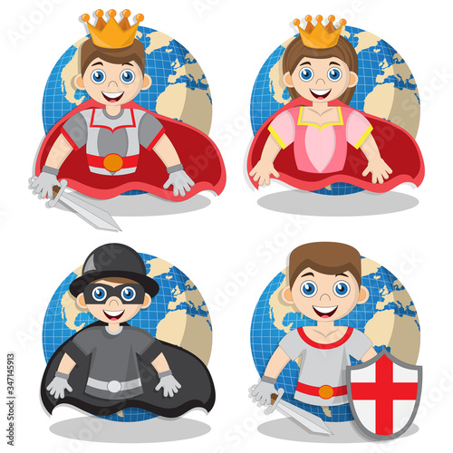 Cute characters on the background of the globe. Isolated on white background. Vector illustration. 