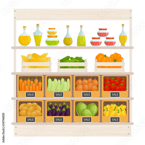 Local farmers' market with fruits, vegetables and price tags. A stand in a store with food on the shelves. Vector illustration in cartoon style. Kiosk for selling products.