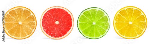 Set of different citrus slices on white background, top view. Banner design