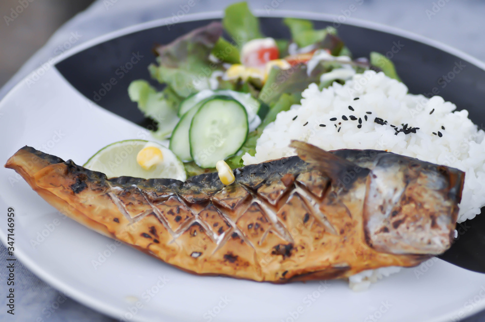 grilled blue mackerel, grilled fish or grilled saba and rice grilled blue mackerel, grilled fish or grilled saba and rice