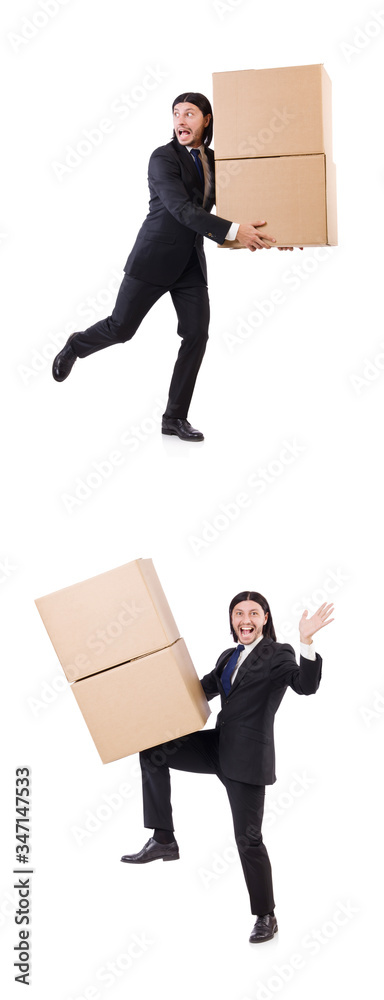 Funny man with boxes on white Funny man with boxes on white