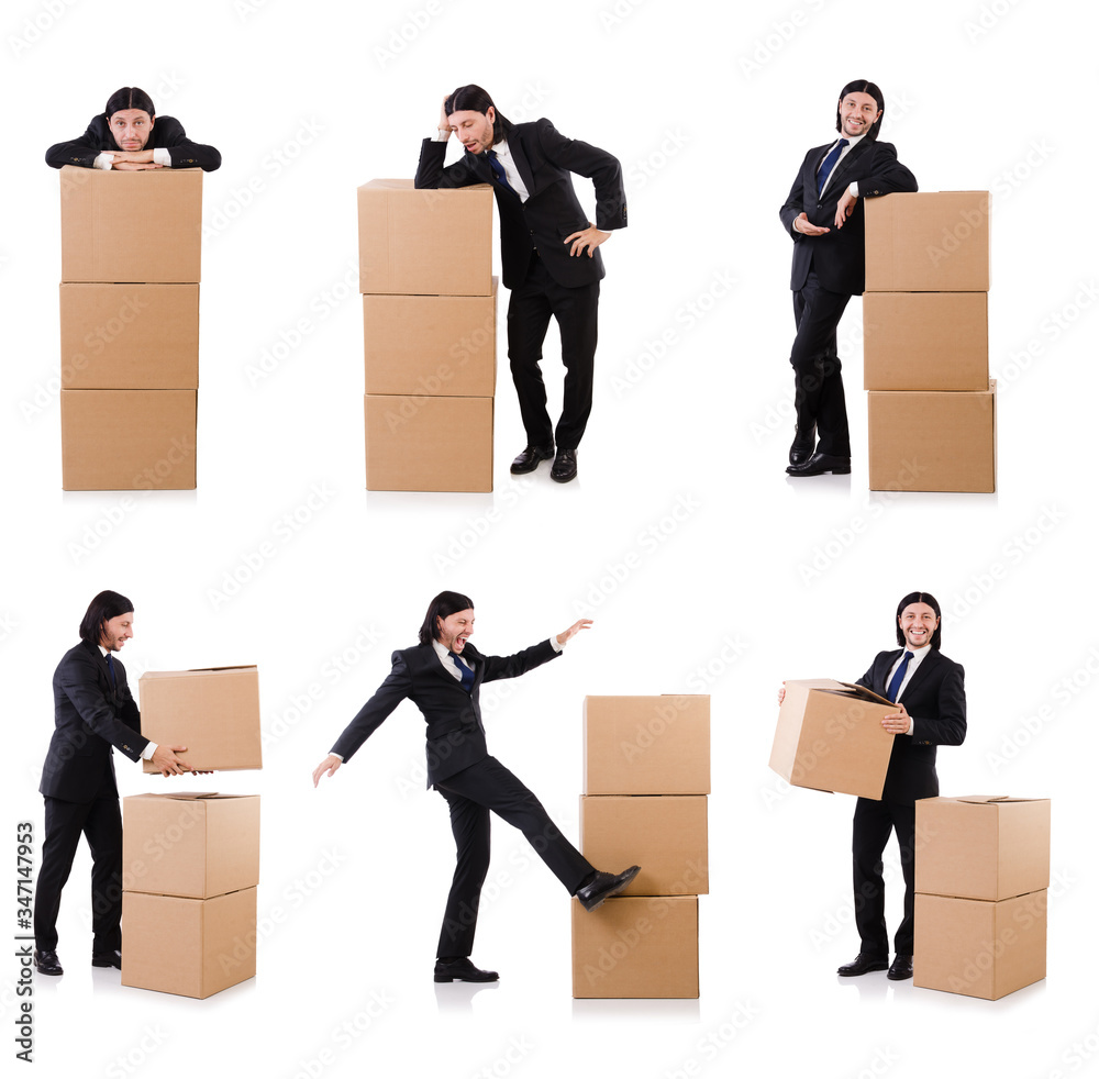 Funny man with boxes on white Funny man with boxes on white
