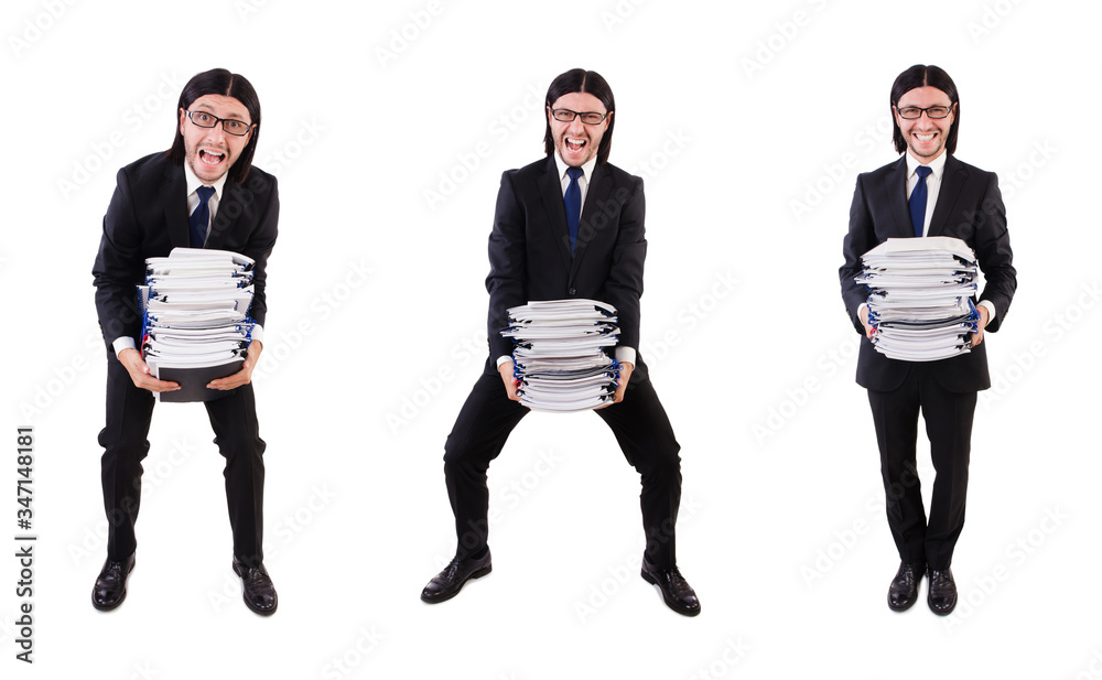 Obraz premium Funny man with lots of papers on white