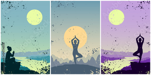 Women yoga outdoors - set of postcards with a grunge effect. Girl practice meditation in nature. Silhouette of woman on landscape background. Vector template of healthy lifestyle of people.
