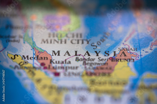 Geographical map location of country Malaysia in Asia continent on atlas