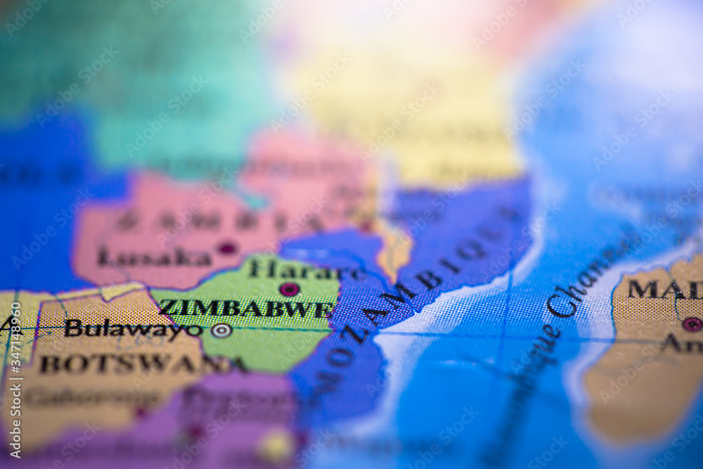 Geographical map location of country Zimbabwe in Africa continent on atlas - obrazy, fototapety, plakaty 