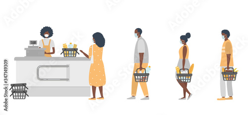 Supermarket during the coronavirus epidemic. Supermarket cashier in medical mask. Buyers wearing antivirus masks keep their distance in line to stay safe. Black people have food baskets in their hands