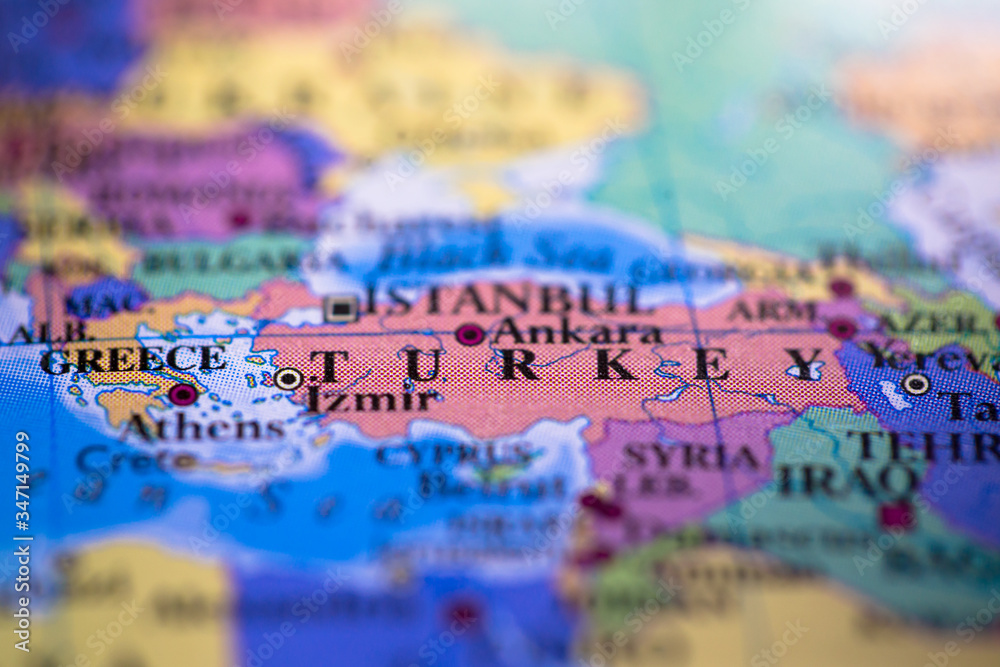 Geographical map location of country Turkey in Asia continent on atlas Geographical map location of country Turkey in Asia continent on atlas