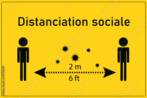 Social distancing in french "distanciation sociale" on a yellow background.  2 meters. Instruction Icon. Vector illustration. Coronavirus, covid-19 prevention.