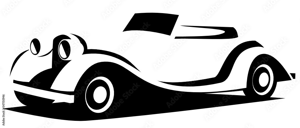 Vector illustration silhouette of the aerodynamic historical vintage car drawn using black and white lines which can be used as a logo for a company