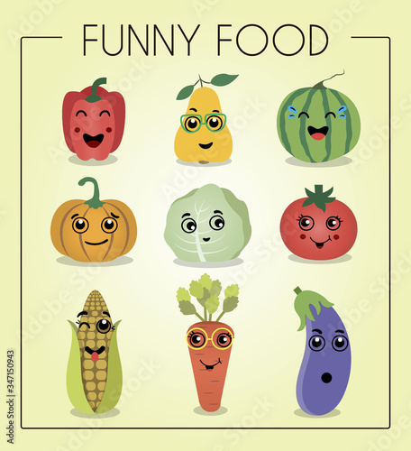 I love vegetables. Funny cartoon character. Vector illustration. A set of flat vegetables and fruits with cartoon faces. Funny characters from food. Different emotions laughter, embarrassment