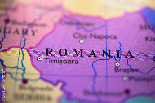 Geographical map location of country Romania in Europe continent on atlas