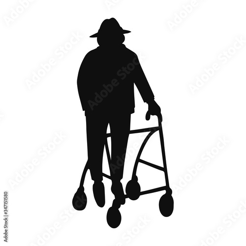 Vector illustration of black silhouette old man walking with rollator isolated on white background