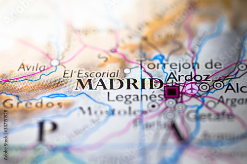 Geographical map location of Madrid city in Spain Europe continent on atlas