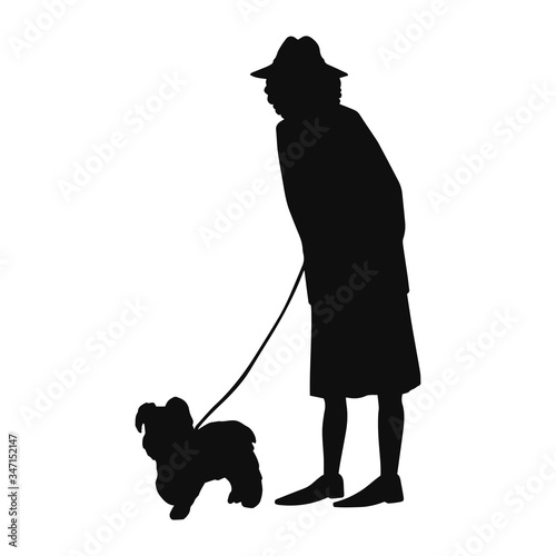 Vector illustration of black silhouette old woman walking with dog isolated on white background