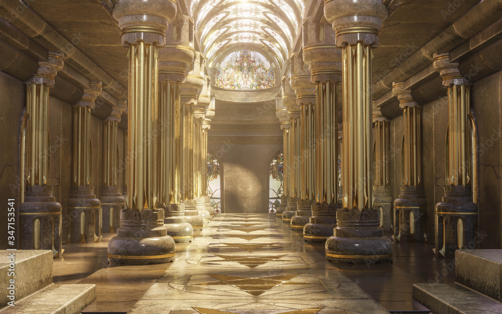 Naklejka premium Hiperrealistyczne, trójwymiarowe wnętrze świątyni. Za tym obrazem idą majestatyczne filary, łuki, szklista i senna atmosfera. Luksusowe złote detale i kinowy widok.