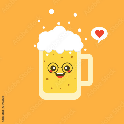 Cute happy smiling glass of beer. Cute flat design glass of beer character with facial expressions, emotions.  collection of emoji isolated on color background.