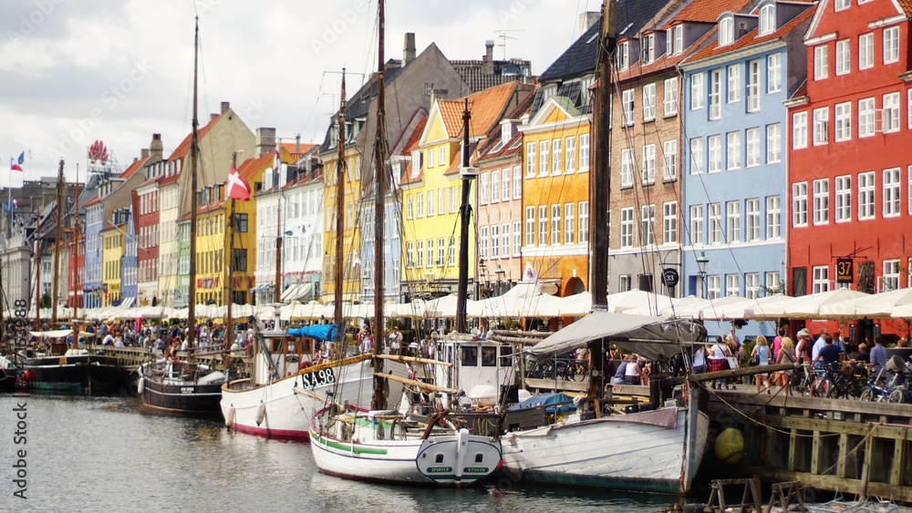 view of the popular old habour in Copenhagen, nyhavn.
