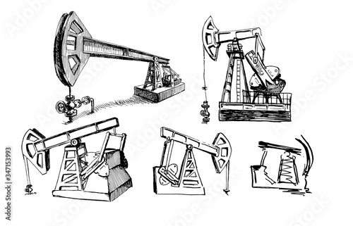 pumpin jack. oil industry. set hand drawn ink sketch
