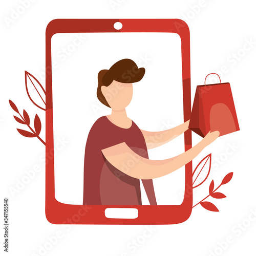 Vector illustration of delivery service concept. Fast and free delivery. Mobile app. Safety contactless delivery during quarantine. Courier delivered the order to the home or to the office.