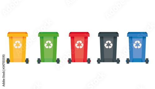 Modern vector illustration of colored rubbish containers for separate sorting of garbage. Bin for recycling different types of waste