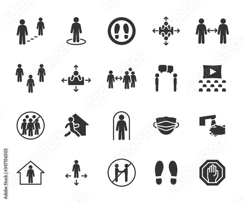 Vector set of social distance flat icons. Contains icons safe distance, self-isolation, avoiding crowds, stay home, talking at a distance, safe workplace, and more. Pixel perfect.