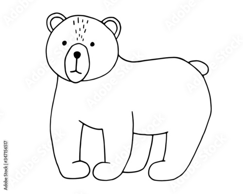 Cute doodle scandinavian bear. Hand drawn vector illustration. Funny, cute, hugge, hand drawn animal for poster, banner, print, decoration kids playroom or greeting card.