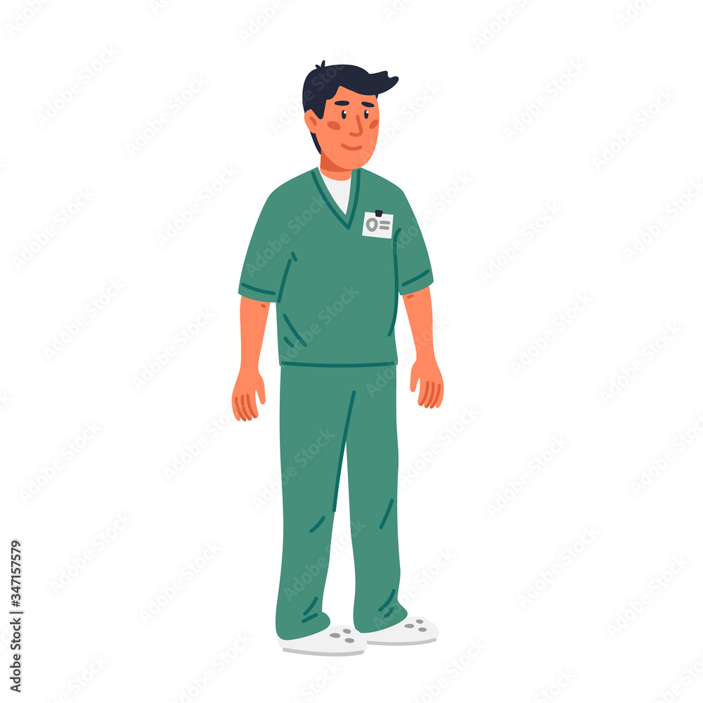 Nurse. Male nurseor ward assistant in green scrubs. Medical team in conditions of coronavirus pandemic, fight against covid-19. Flat style vector illustration on white background.