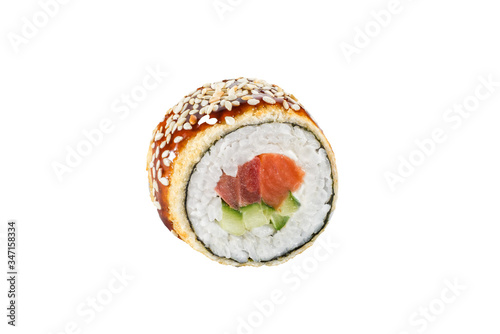 sushi roll isolated on white background japanese traditional cuisine one piece ginger eel shrimp salmon tuna caviar