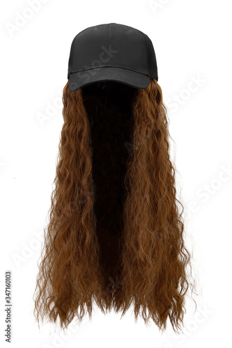 Subject shot of a natural looking brown wig with wavy strands attached to a black baseball cap. The hat combined with the wig is isolated on the white background.