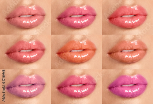 Young woman with different color lipsticks  collage