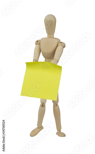 Wooden mannequin with yellow note paper sticker isolated on white background