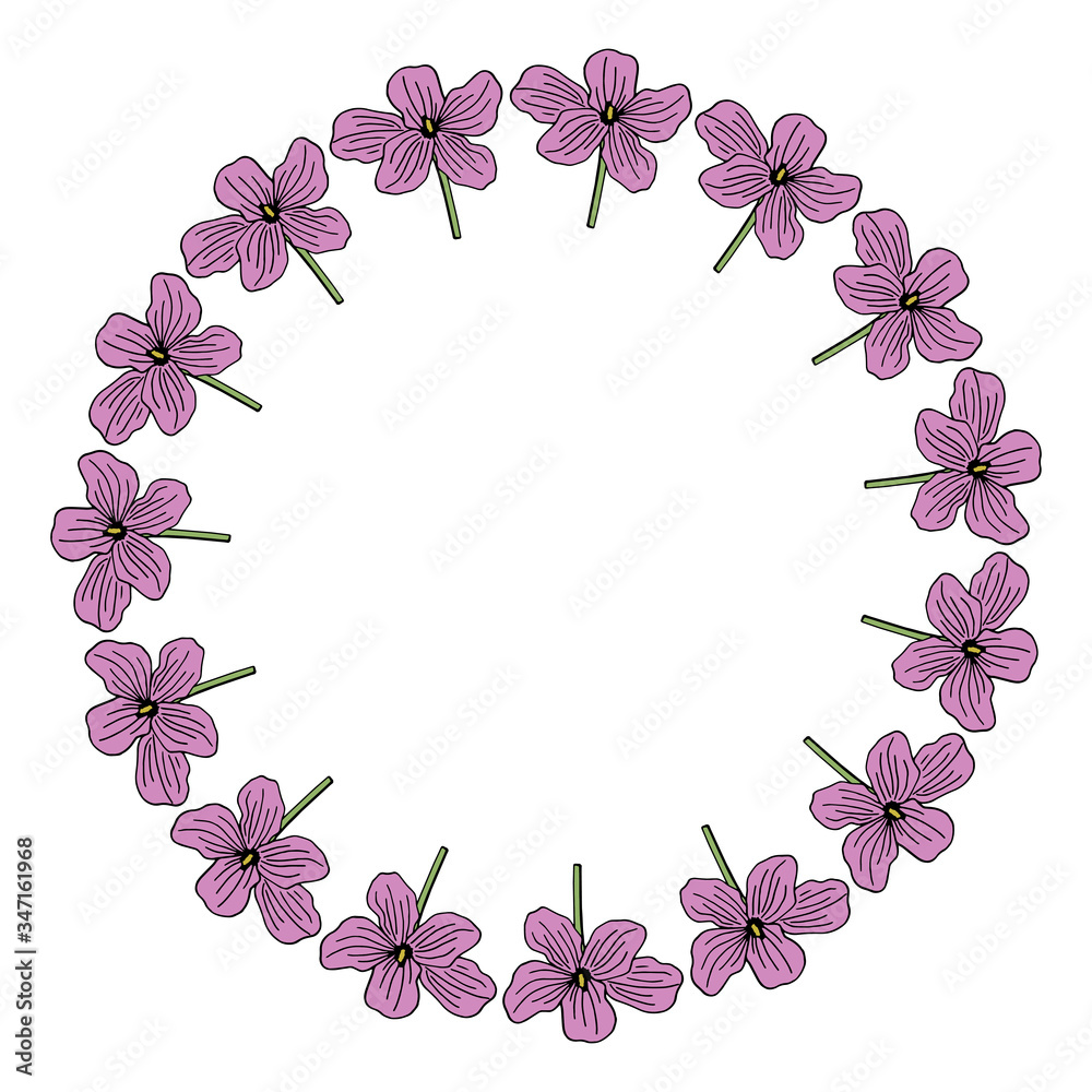 Round frame with purple flowers on white background. Vector image.