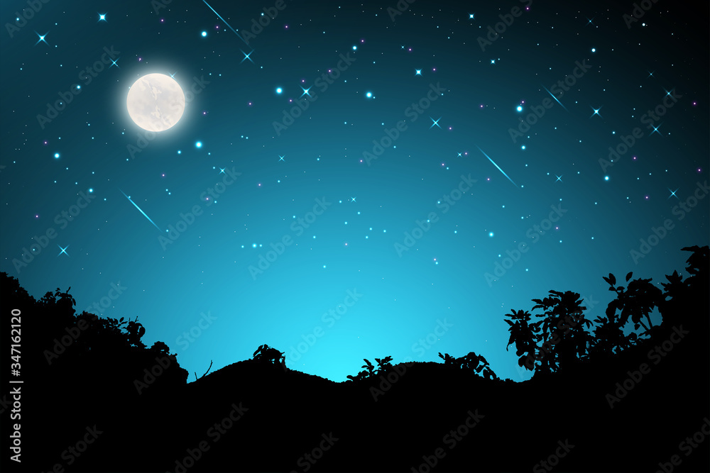 Night landscape with silhouettes of mountains and sky with stars and fullmoon, Starry night sky background.  blue sky with shinning stars, vector illustration