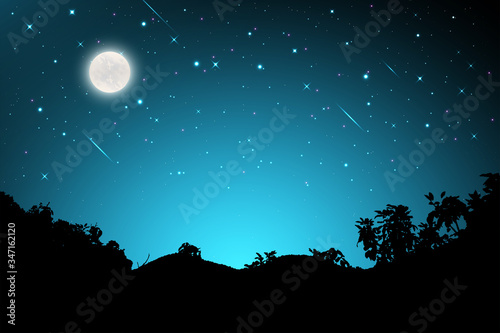 Night landscape with silhouettes of mountains and sky with stars and fullmoon  Starry night sky background.  blue sky with shinning stars  vector illustration