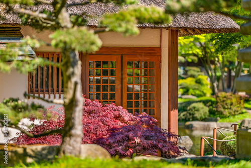 Hamburg, Germany. The Japanese Garden in the public park "Planten un Blomen" in the middle of the city. It is the largest of its kind in Europe. The Tea House is at its center.