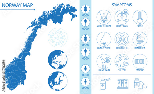 Norway map with pictograms and icons of symptoms, Covid-19 and other respiratory diseases, vector illustration for infographics and posters