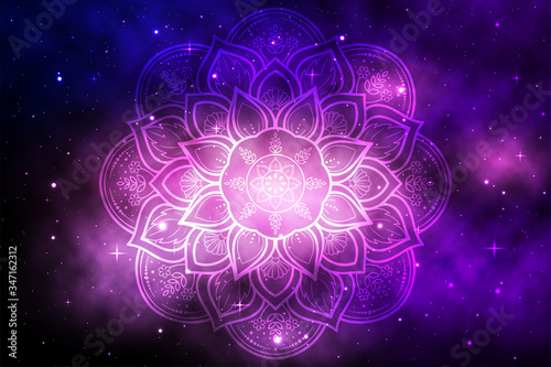 Circular Flower Mandala with galaxy background, Vector mandala Oriental pattern, Hand drawn decorative element. Unique design with petal flower. Concept relax and meditation use for page logo