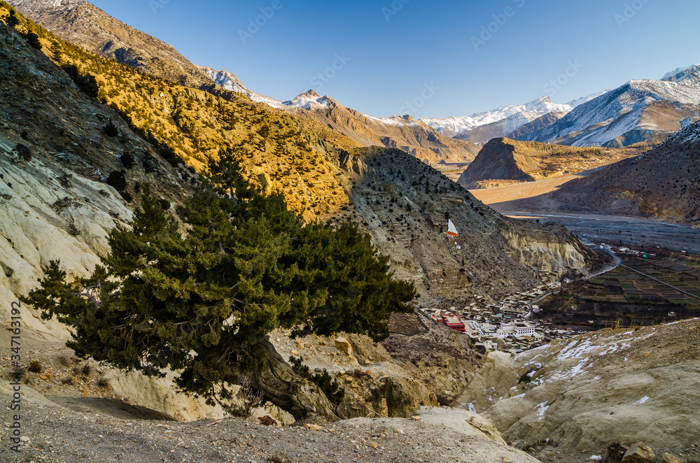 Top view of the Marpha village on the way to Dhaulagiri base camp. Annapurna circuit / Jomsom trek, Nepal.