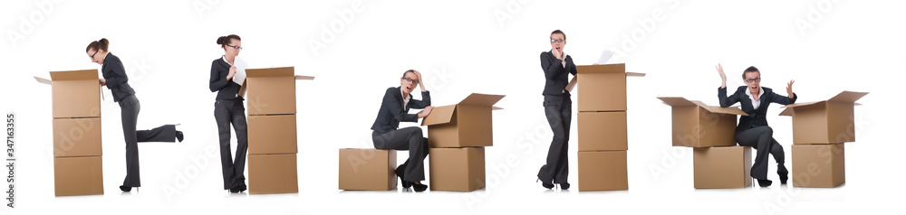 Woman businesswoman with boxes on white Woman businesswoman with boxes on white